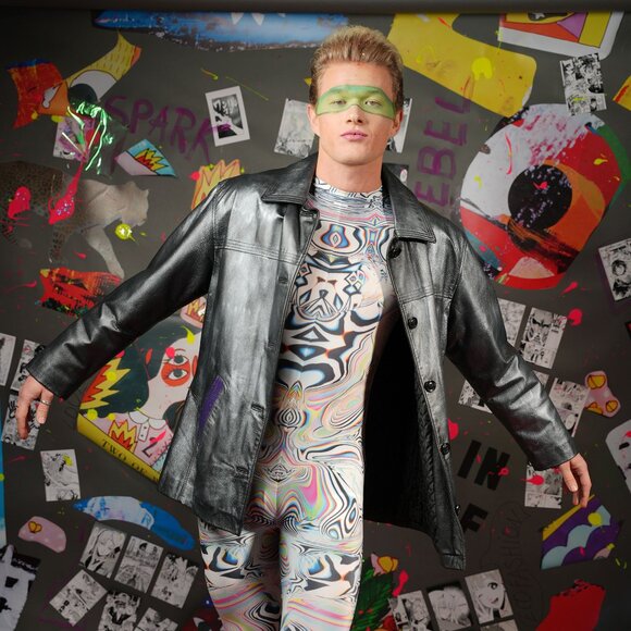 Upcycled Unisex Leather Jacket, Hand-Painted with Mazinger Print, Size L - Picture 4 of 11